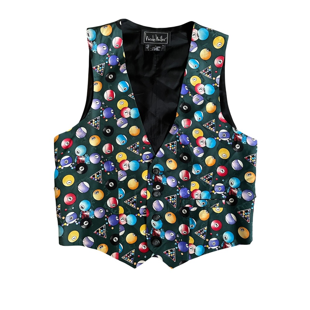 Vintage Nicole Miller Silk Vest Unisex M 40R Billiards Pool Ball Novelty